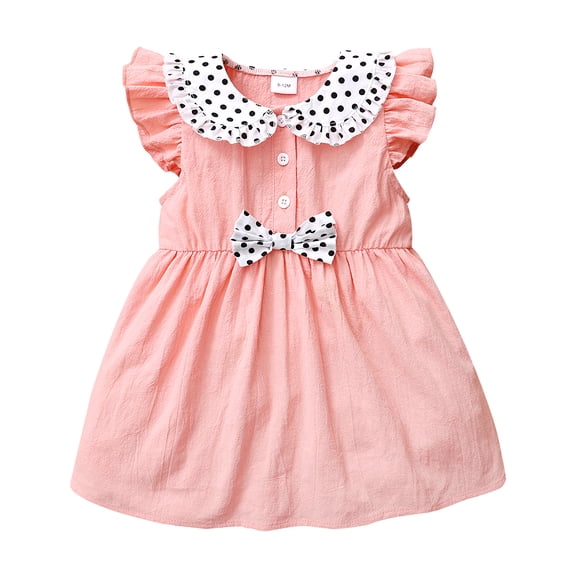 Baby Girls Dress Ruffle Sleeve Wave Point Print Doll Collar Dress 1PCS Summer Dress 9-12 Months, Pink