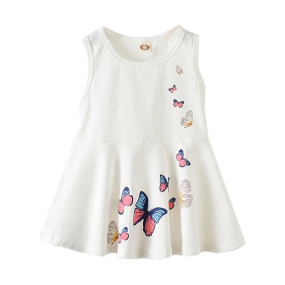 Baby Girls Dress Sleeveless Butterfly Casual Beach Party Dresses,,Cute Pleated Skirt for Little Girls 2-6 Years Special Occasion Dress Round Neck Cotton Skater Dress,White