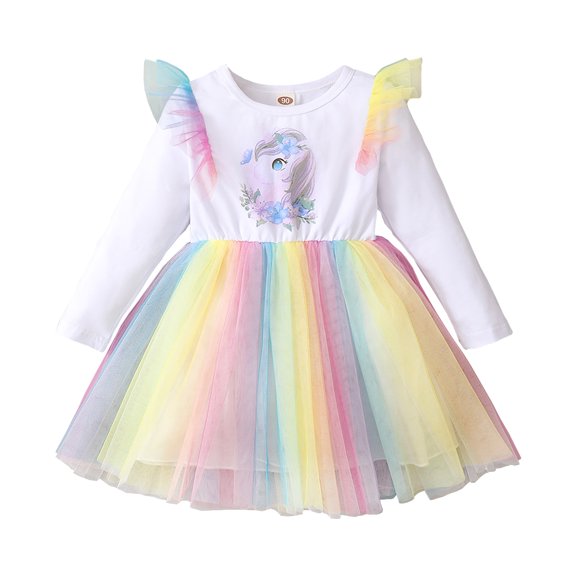 Baby Girls Dress Unicorn Print Ruffle Sleeve Round Neck Long Sleeve Lace Dress 1PCS Sun Dress 12-24 Months,White