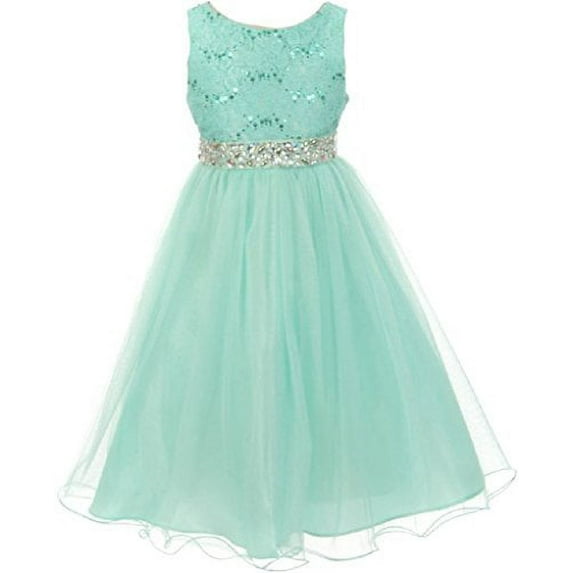 Baby Girls Dress Wedding Pageant Sleeveless Lace Crystal Rhinestone Tulle Sash Flower Girl Dress Mint L (M3B4K0)