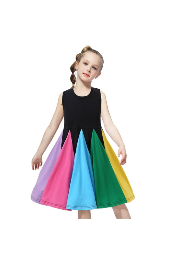 Baby Girls Dresses Fashion Cotton Patchwork Rainbow Princess Dress Casual Sleeveless Sundress Sweet Cute Swing Outfits Black 4 Years