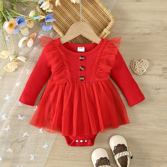 Baby Girls' Dresses Solid Color Romper Long Sleeve Bodysuit Baby Girl Clothes Baby Outfits Girl for 6-12 Months