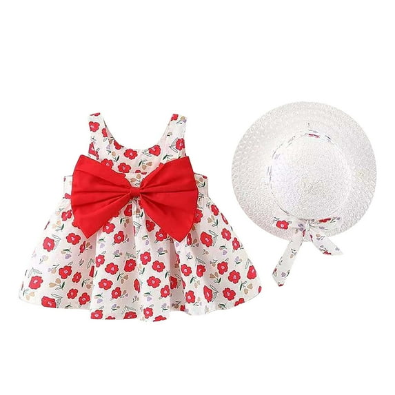 Baby Girls Dresses Summer Flower Print Sleeveless Backless Sling Bow Tutu Dress With Hat Kids Girls Beach Birthday Party Dresses,3 -4 Years