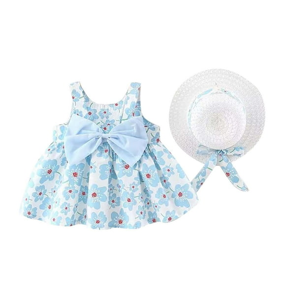 Baby Girls Dresses Summer Flower Print Sleeveless Backless Sling Bow Tutu Dress With Hat Kids Girls Beach Birthday Party Dresses,3 -4 Years