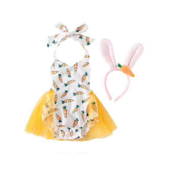 Baby Girls Easter Bunny Outfit Carrot/Bunny Print Romper Tutu Dress with Rabbit Ear Headband Newborn Easter Photography Props