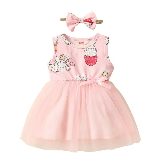 Baby Girls Easter Dress Sleeveless Cute Cartoon Bunny Egg Prints Patchwork Tulle Tutu Dress With Headband Outfit