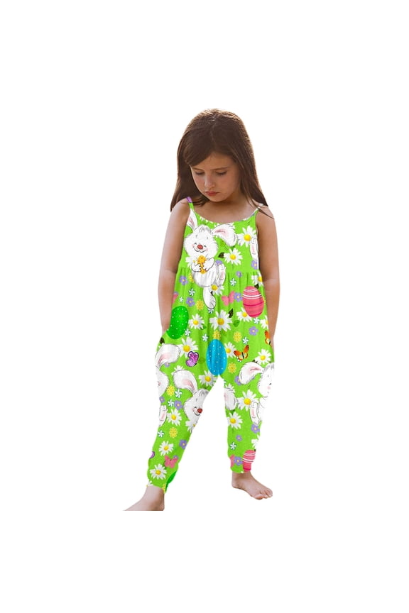 Baby Girls Easter Jumpsuits Set Pajamas Sets Easter Bunny Print Romper Suspenders Jumpsuit Haren Pants Cute Cartoon Sleepwear Outfit Z01-Light Green 4-5 Years