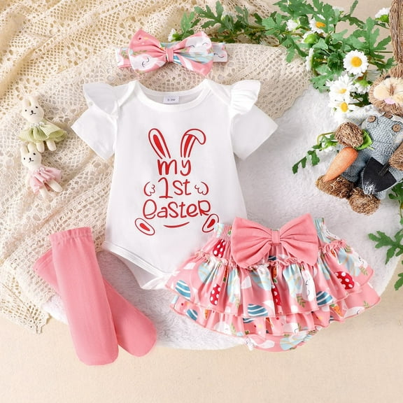 Baby Girls Easter Outfit Ribbed Romper Rabbit Suspender Skirt Overall Dress Spring Summer Clothes for Girls Kids 18-24 Months