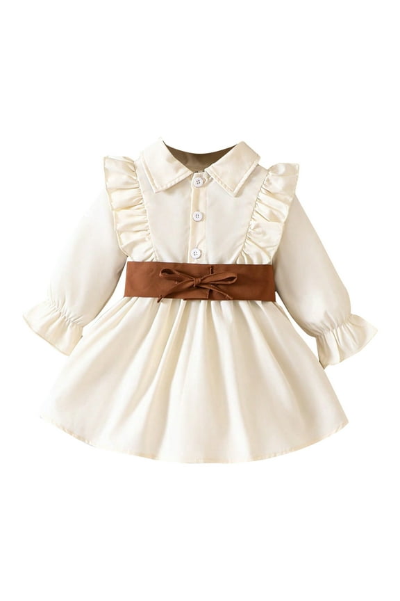 Baby Girls Elegant Dresses Long Sleeve Cowgirl Ruffle Hem Button Down Corset Dress Fall Casual Cute Infant Preppy Outfits Beige 2 Years