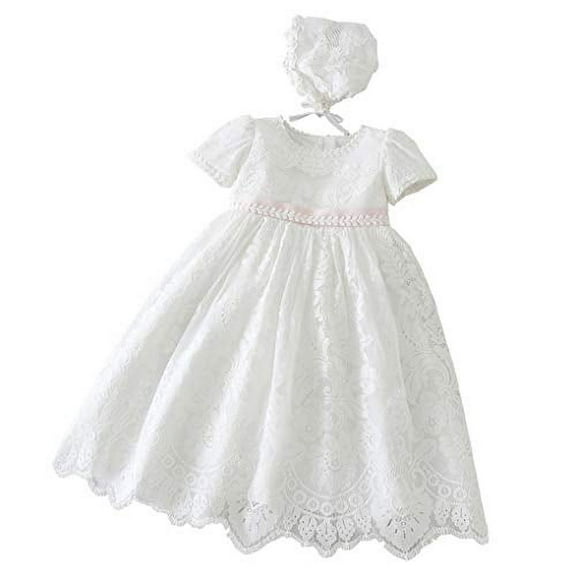 Baby Girls Embroidered Empire Waist Christening Gown Baptism Dress with Lace Bonnet Ivory Size 12M