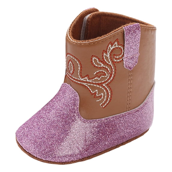 Baby Girls Embroidery Western Cowgirl Boots Infant Sequin Leather Cowboy Booties Round Toe Hook and Loop Walking Shoes