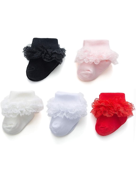 Baby-Girls Eyelet Turn Cuff Ruffle Lace Socks Triple Lace Dressy Socks Newborn/Infants/Toddlers 3/5 Pairs