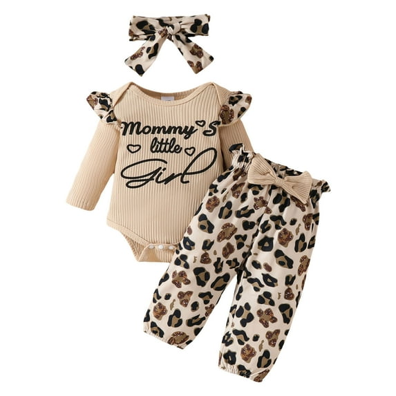 Baby Girls Fall Clothes Two Pieces Fashion Leopard Letter Mommy's Little Girl Ribbed Ruffle Long Sleeve Bodysuit Romper Pants Outfit with Bowknot Headband Clothing Set