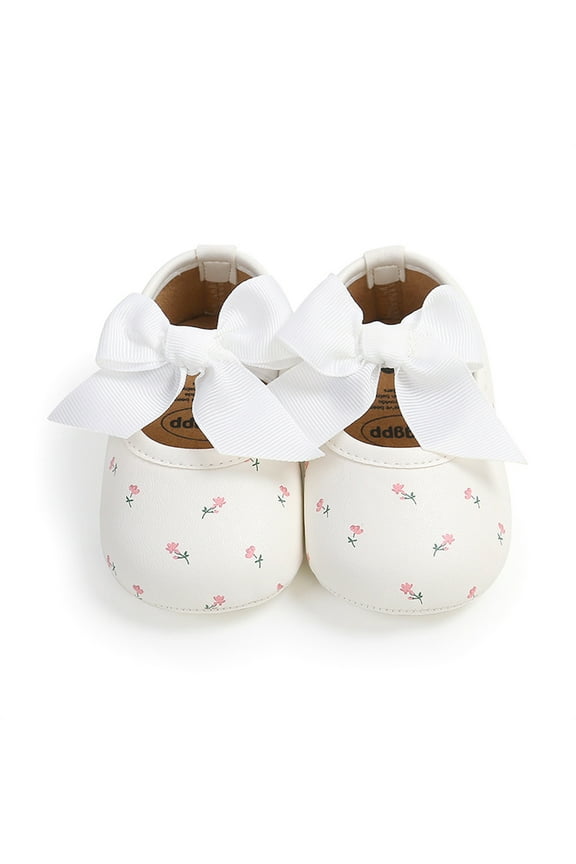 Baby Girls Fall Shoes Floral Pattern Big 3D Bow Non-Slip First Walking Adorable Soft Sole PU Shoes