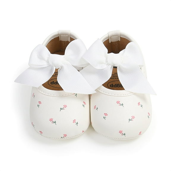 Baby Girls Fall Shoes Floral Pattern Big 3D Bow Non-Slip First Walking Adorable Soft Sole PU Shoes
