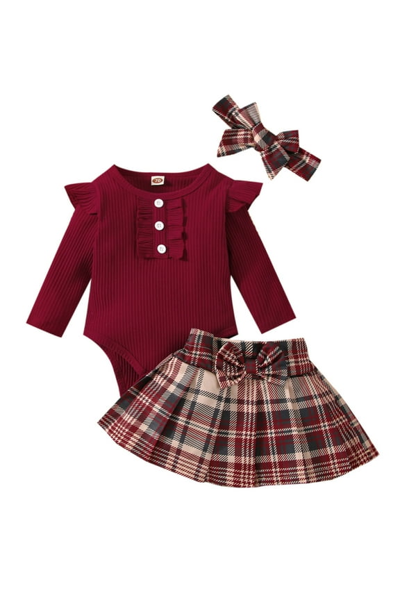 Baby Girls Fall Winter Outfits Ribbed Long Sleeve Romper Bodysuit Plaid Pleated Skirt Set 3Pcs Christmas Clothes 0-18M