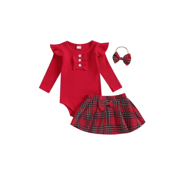 Baby Girls Fall Winter Outfits Ribbed Long Sleeve Romper Bodysuit Plaid Pleated Skirt Set 3Pcs Christmas Clothes 0-18M