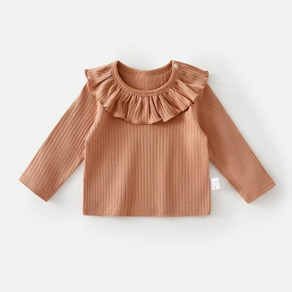 Baby Girls Fashion Tops with Ruffles Brown Long Sleeve Tee Shirts Kids Crewneck T-Shirts Fall Clothes Girls Size 9-12 Months Shirts