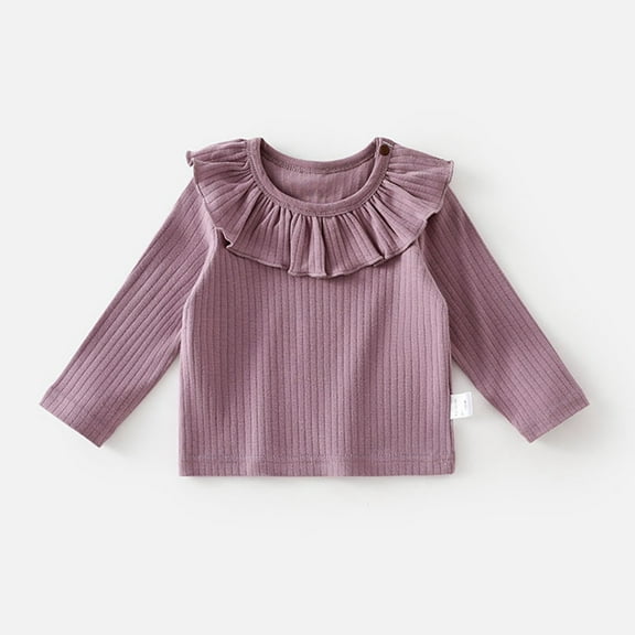 Baby Girls Fashion Tops with Ruffles Purple Long Sleeve Tshirt Kids Crewneck T-Shirts Fall Clothes Kids Plain Tshirts 4-6 Months
