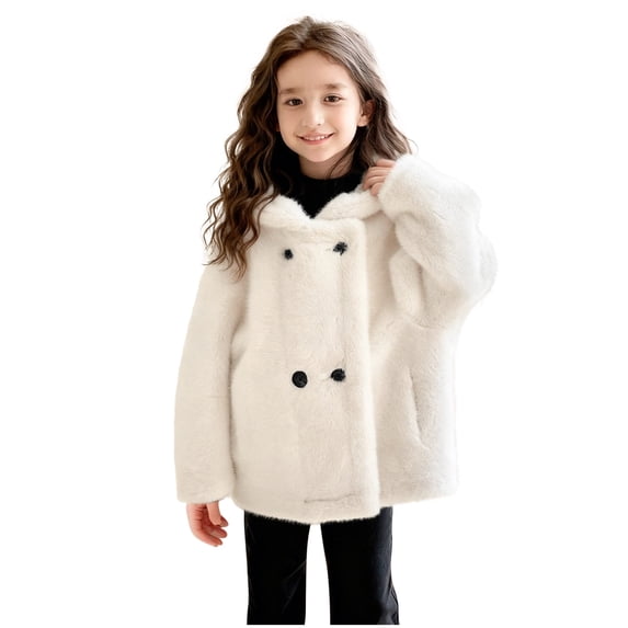 Baby Girls Faux Fur Fleece Long Coat Toddler Kids Button Down Winter Teddy Jacket Warm Trendy Lapel Outwear Clothes Age 5-14 (9 Years, White)
