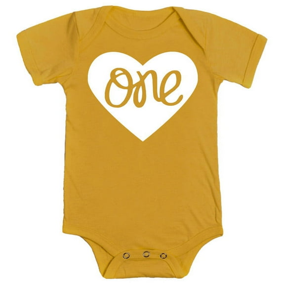 Baby Girls First Birthday Bodysuit One Inside Heart Design 1st Birthday Outfit White on Mustard Bodysuit 12 Months