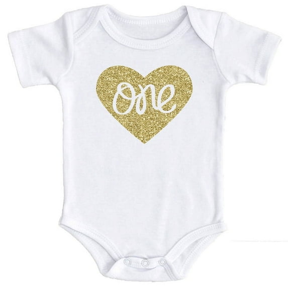 Baby Girls First Birthday Onesie Sparkly Gold One inside Heart design 1st Birthday Onesie Girl, Gold, 12-18 months short sleeve