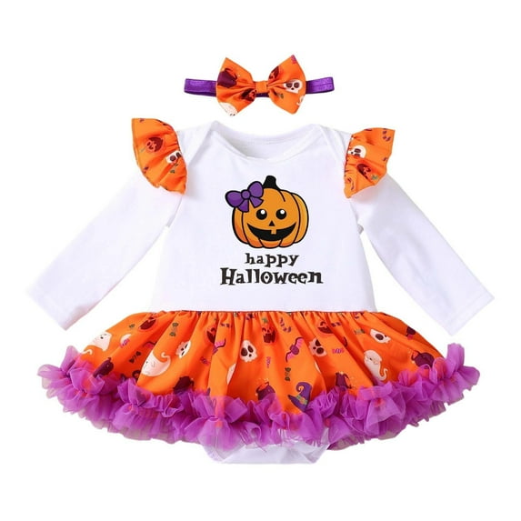 Baby Girls First Halloween Long Sleeve Pumpkin Print Dress Set With Headband For Fall Winter Party Celebration