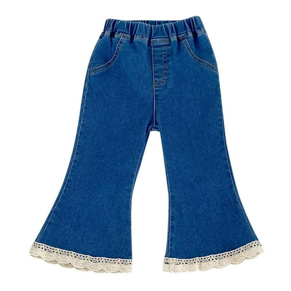 Baby Girls Flare Jeans Elastic Waist Denim Pants Infant Lace Trim Spring Casual Loose Trousers Girl's Fashion Clothes, Blue, 2 Years