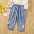 thumbnail image 1 of Baby Girls' Flared Denim Jeans - Stone Washed Elastic Waist Denim Pants with Floral Embellishments for Toddlers - Casual Spring Trousers (6-12M / 1-5Y), 1 of 5