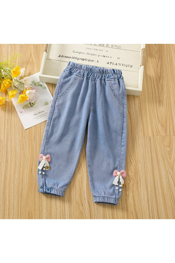 Baby Girls' Flared Denim Jeans - Stone Washed Elastic Waist Denim Pants with Floral Embellishments for Toddlers - Casual Spring Trousers (6-12M / 1-5Y)