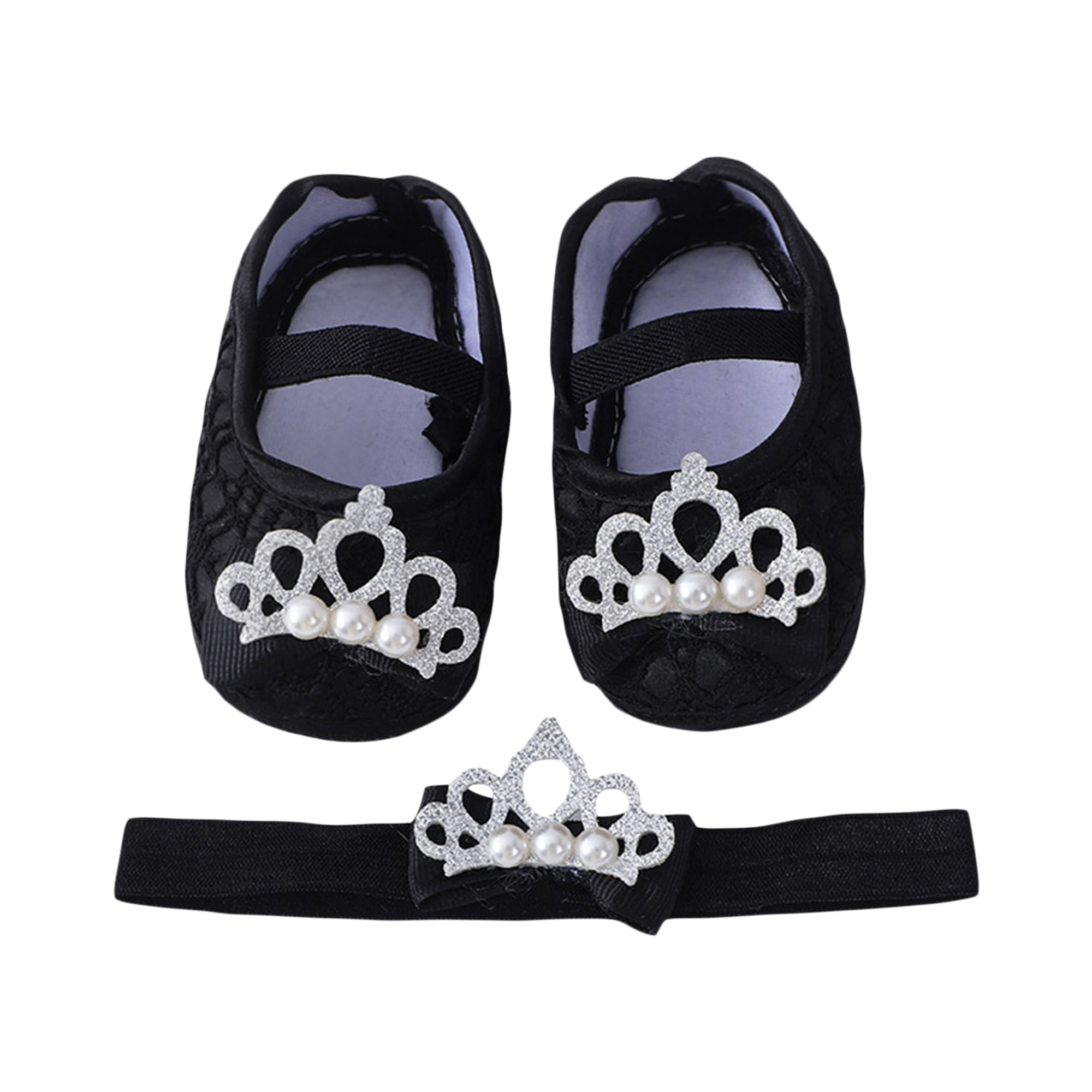 Baby Girls Flats and Headband Pearl Crown Wedding Dress Walking Shoes