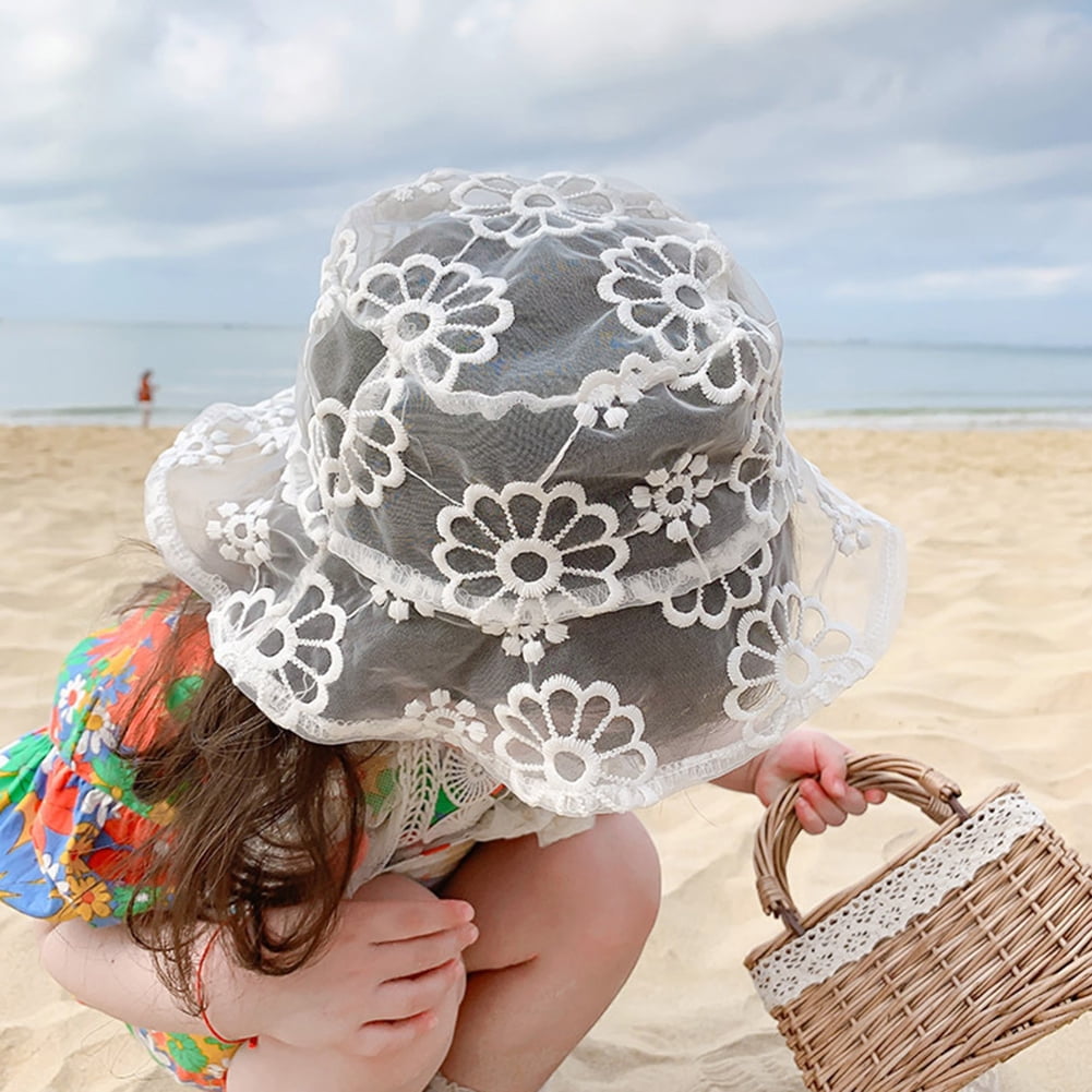 Baby Girls Floppy Hat Floral Embroidered Hollow Wide Brim SPF 50+ Hat