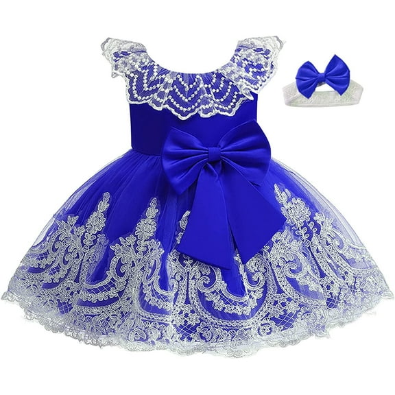 Baby Girls Flower Pageant Lace Dress Wedding Bowknot Gown with Headwear 0-6T
