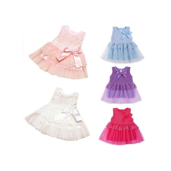 Baby Girls Flower Printed Cotton Elegant Tulle Bow Belt Bow Lace Princess Dress