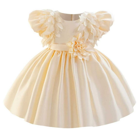 Baby Girls Flower Wedding Dress Toddler Birthday Party Pageant Baptism Christening Tutu Gown Bowknot Dress Beige 12-18 Months