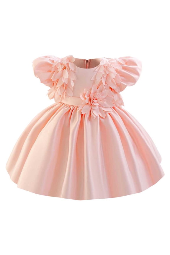 Baby Girls Flower Wedding Dress Toddler Birthday Party Pageant Baptism Christening Tutu Gown Bowknot Dress Pink 12-18 Months