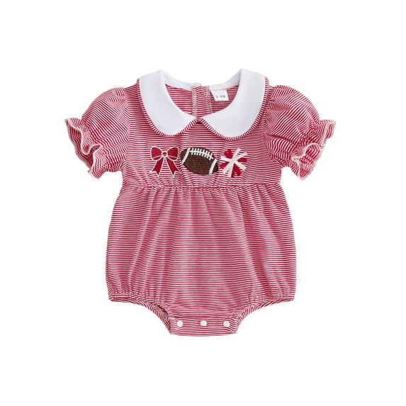 Baby Girls Football Outfit Rugby Bow Embroidery Smocked Bubble Romper Doll Collar Striped Short Sleeve Jumpsuit Game Day Clothes