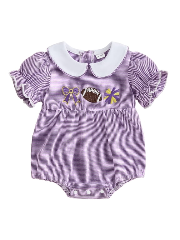 Baby Girls Football Outfit Rugby Bow Embroidery Smocked Bubble Romper Doll Collar Striped Short Sleeve Jumpsuit Game Day Clothes
