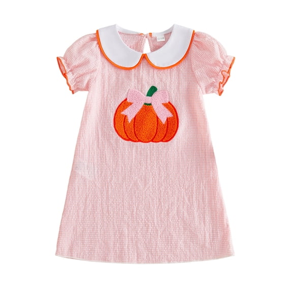 Baby Girls Gingham Halloween Dress, Pumpkin Bow Embroidery Puff Short Sleeve A-Line Outfit for Fall Holiday Photo Daily Wear(Pink,18-24 Months)