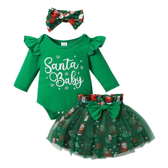 Baby Girls Green Red Christmas Mesh Dress New Born Santa Baby Romper And Skirt Outfit