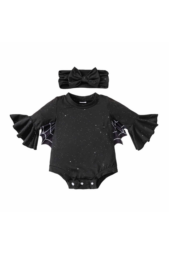 Baby Girls Halloween Bat Long Sleeve Romper With Headband Soft Stretchy Comfortable Outfit For Toddlers 9-12 Months Black