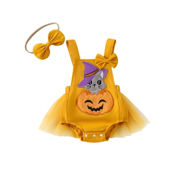 Baby Girls Halloween Casual Romper Sleeveless Pumpkin/Turkey Embroidery Romper with Headband