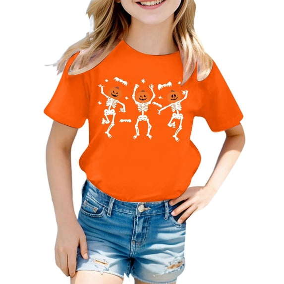 Baby Girls Halloween Graphic Tee Short Sleeve Crew Neck T-Shirt for Kids,Purple,D-Orange,Short Sleeve,3-4 Years