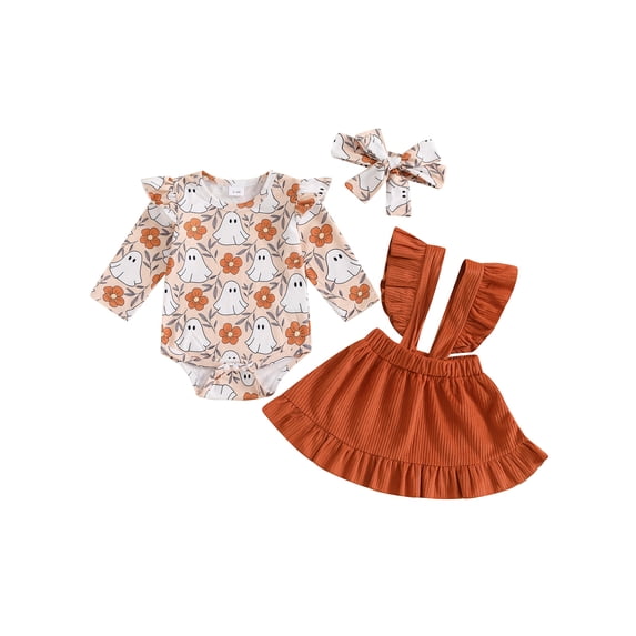 Baby Girls Halloween Outfits Ghost Long Sleeve Romper Bodysuit and Corduroy Suspender Skirt Overall Dress Set Newborn Fall Clothes