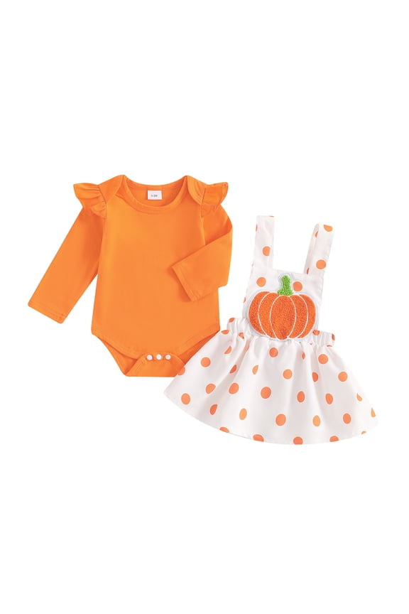 Baby Girls Halloween Outfits Long Sleeve Ruffle Romper Ghost/Pumpkin Embroidery Suspender Skirt Sets Fall Clothes 0-18M