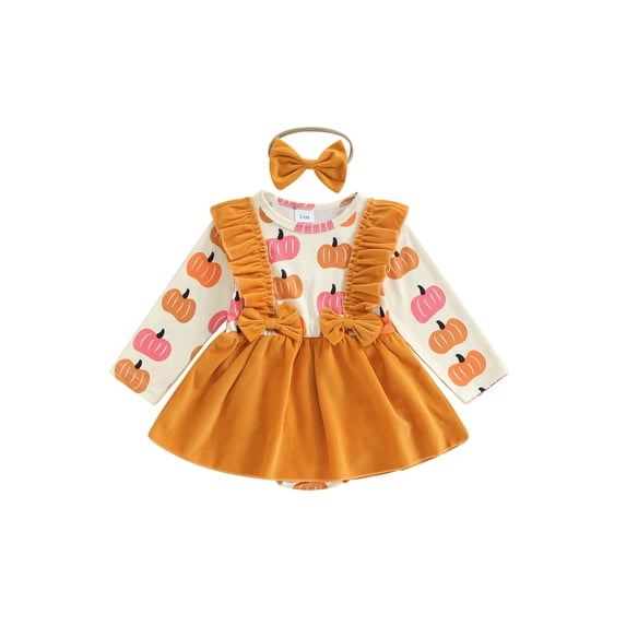 Baby Girls Halloween Outfits Newborn Pumpkin Ruffle Bow Romper Dress with Headband Set Fall Cute Clothes 0-18M