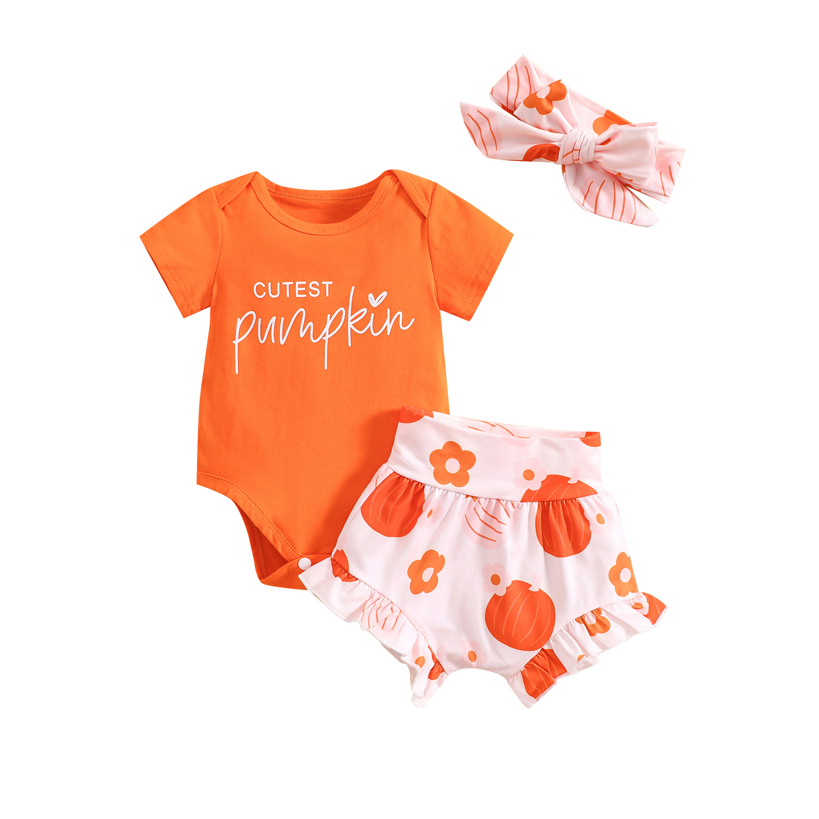 Baby Girls Halloween Outfits Short Sleeve Romper + Pumpkin Floral Shorts + Headband Set Infant