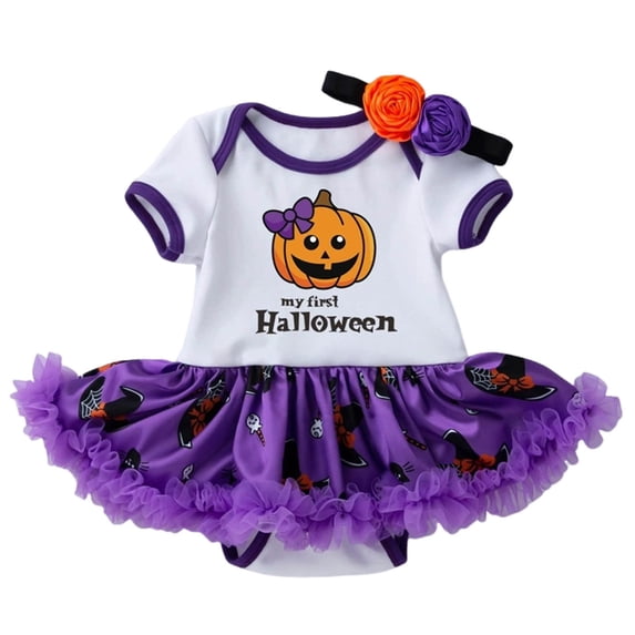 Baby Girls Halloween Outfits with My 1st Halloween Pumpkin Print Short Sleeve Crew Neck Cute A-Line Tulle Dress for Party