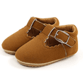 thumbnail image 1 of Baby Girls Hard-Sole Brown Suede Scalloped Mary Jane Shoes T-Strap 0-6M Size 1, 1 of 2
