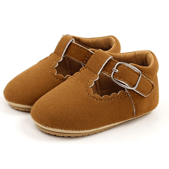 Baby Girls Hard-Sole Brown Suede Scalloped Mary Jane Shoes T-Strap 0-6M Size 1